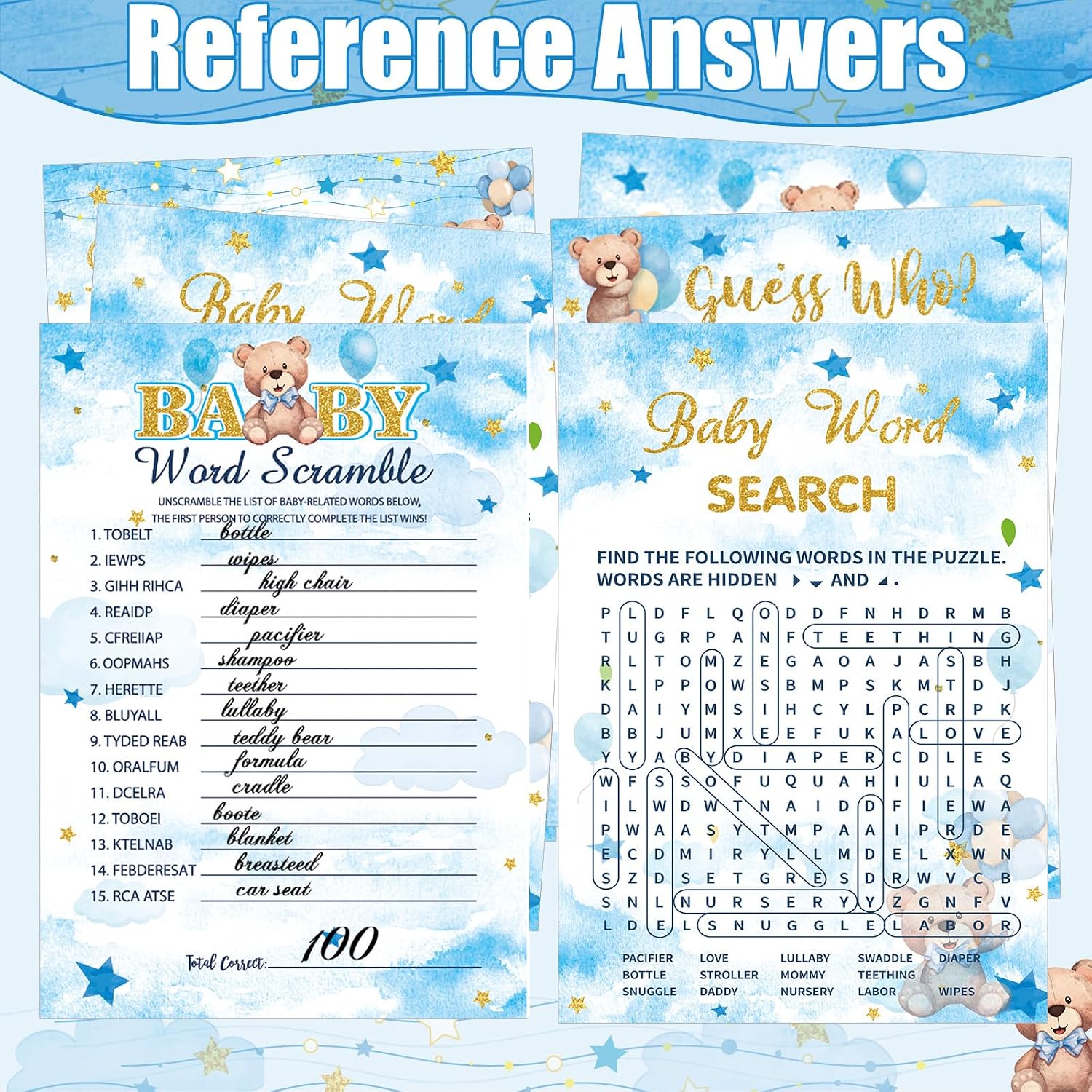 Funnymoom 426 Pcs Blue Theme Bear Baby Shower Decorations Games Set-8 Games Includes Bearly Wait Baby Shower Decorations Bingo Prediction and Advice How Big is Mommy's Belly Don't Say The Words
