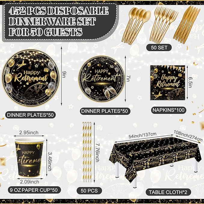 452 Pcs Black Gold Retirement Decorations Supplies for 50 Guests, Happy Retirement Paper Plates Napkins Cups Tablecloth Cutlery Straws Disposable Tableware Set for Men Women
