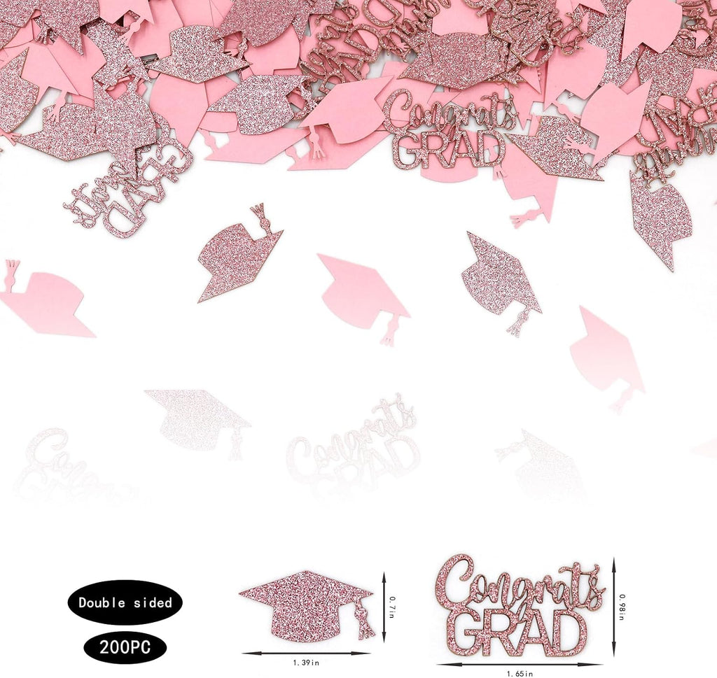 200PC Rose Gold Pink Graduation Confetti Decorations Class of 2026 Glitter Congrats Grad Confetti for Table Graduation Cap Scatters for Pink Grad Party decorations 2026