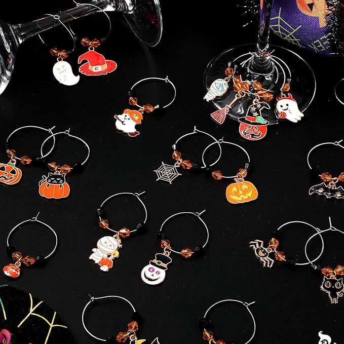 Inbagi 24 Pcs Halloween Wine Glass Charms Halloween Enamel Wine Charms Pendant Pumpkin Witch Hat Broomstick Mummy Castle Glass Markers Drink Identifier for Stem Halloweens Birthday Party Supply