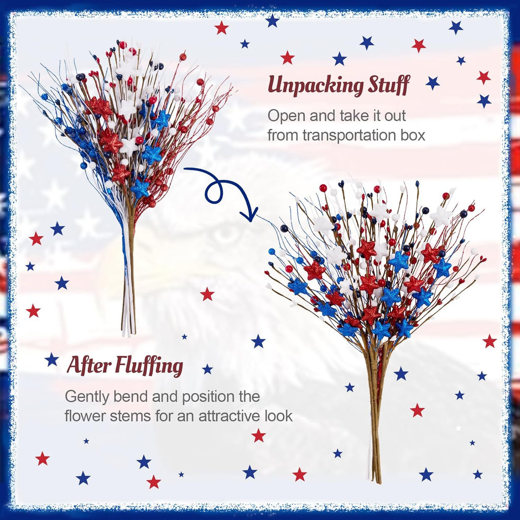 6 Pack 4th of July Patriotic Artificial Berry Stem Picks Red White and Blue Stars Flowers Decoration for Independence Day, Pentagram Faux Berry Branches for Home Office Restaurant Vase Decor