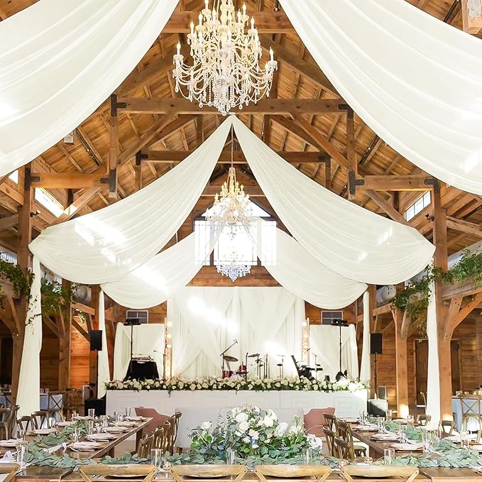 4 Panels Ivory Ceiling Drapes for Wedding 5ftx40ft Sheer Drapery Chiffon Fabric Arch Draping Curtains for Party Ceremony Birthday Baby Shower Reception Stage Ceiling Decorations