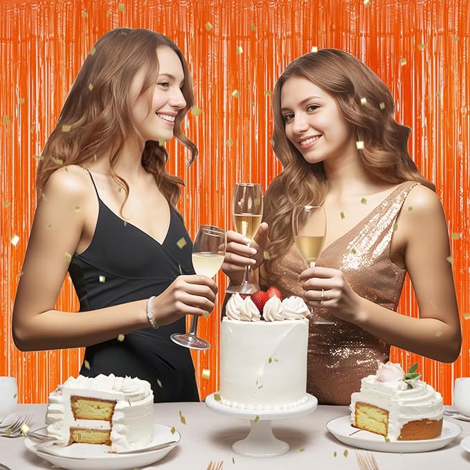 3 Pack Foil Fringe Backdrop - Orange Shiny Tinsel Curtains for Party Decoration/Photo Booth Props - 3.3x8.2 FT Metallic Foil Backdrop for Birthday, Wedding, Graduation, Christmas.