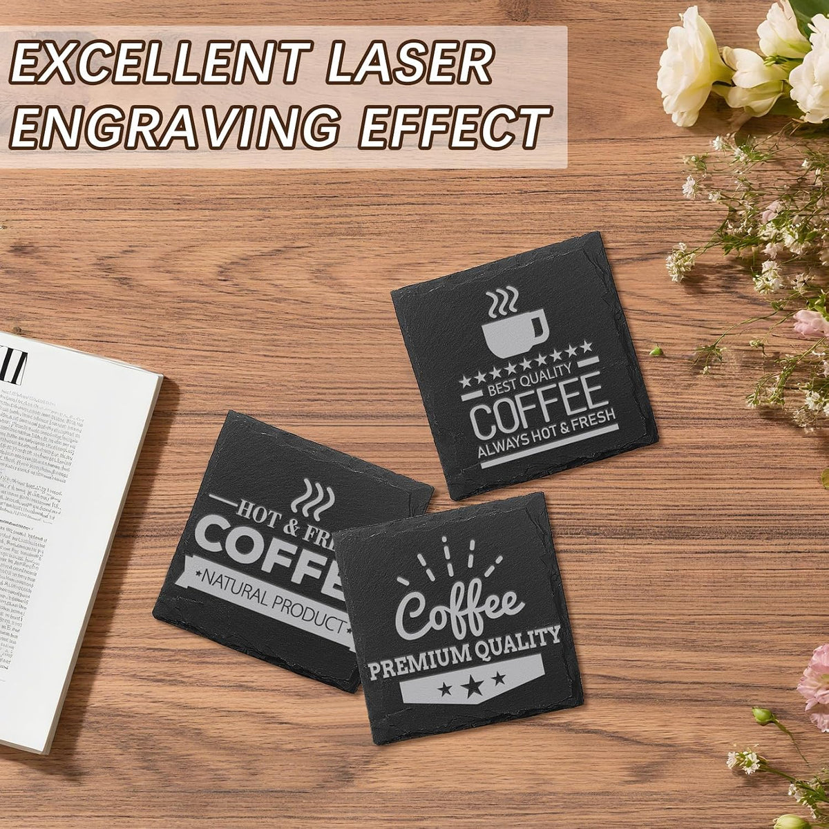 60 PCS Slate Coasters Black Square 4 Inch Bulk Rock, Blank Laser Engraving, S...