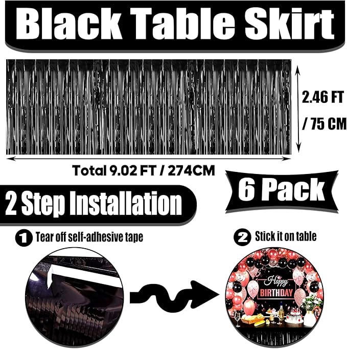 6 Pack 29x108 Inch Metallic Foil Fringe Tinsel Table Skirts Banner for Rectangle Tables Streamer Garland Curtains Backdrop for Wedding, Birthday, Parade Floats, Christmas Party Decoration(Black)