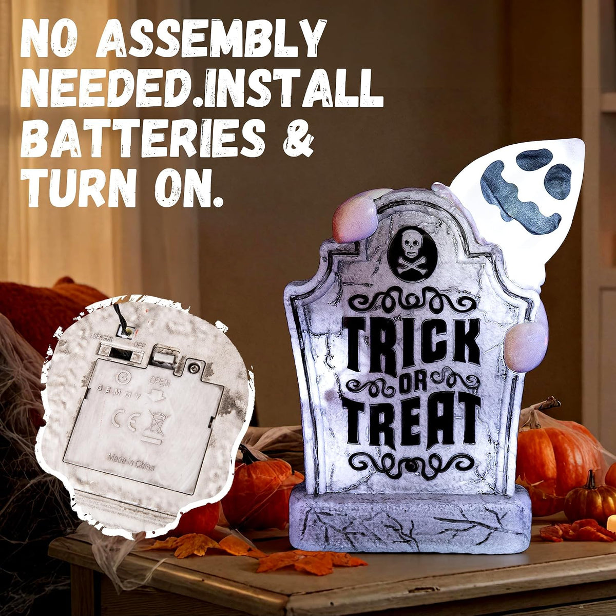 Halloween Animatronic Ghost Tombstone Decoration, Sound Activated Pop-Up Glow...