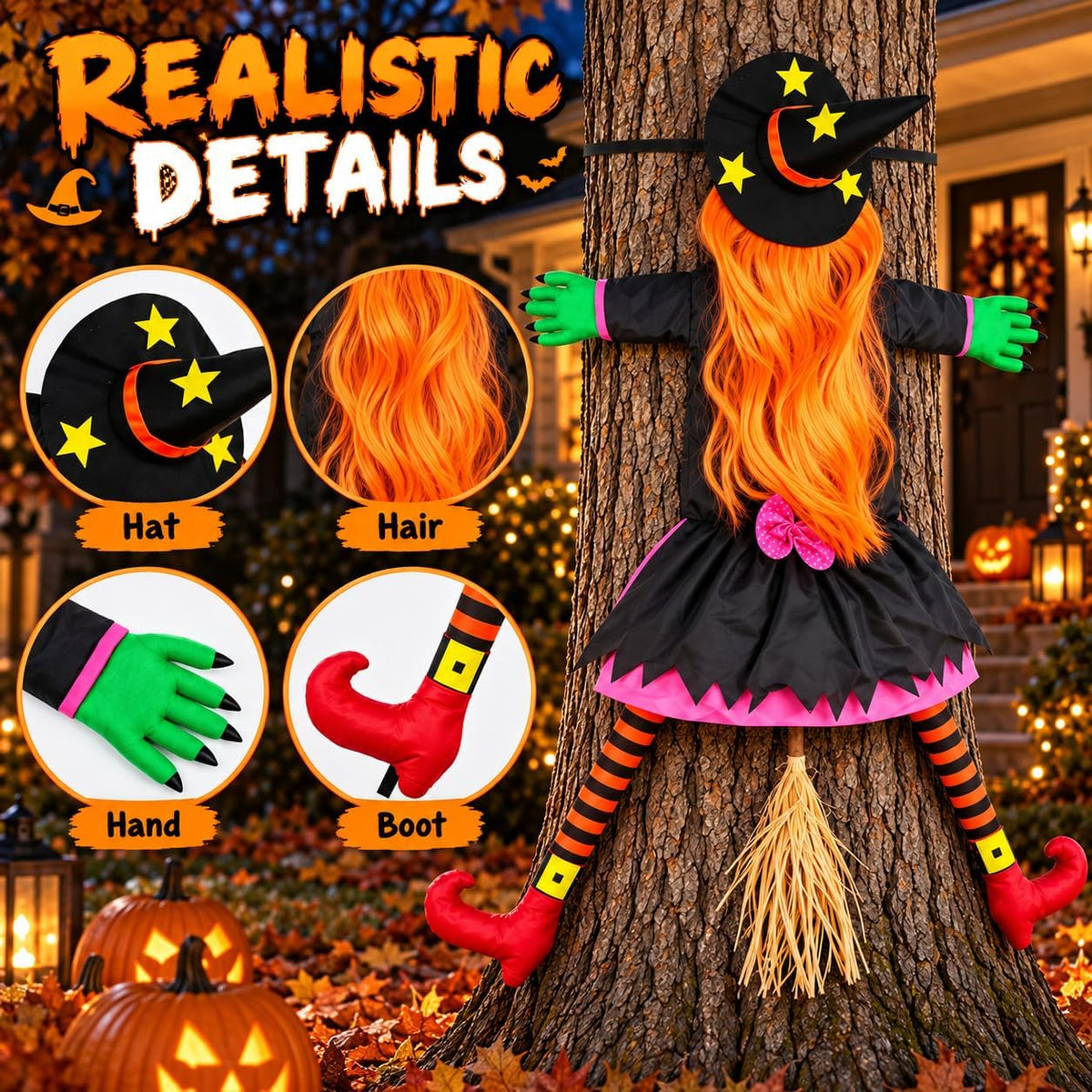 53" Crashing Witch Halloween Decorations Outdoor, Funny Witch Yard Decor...