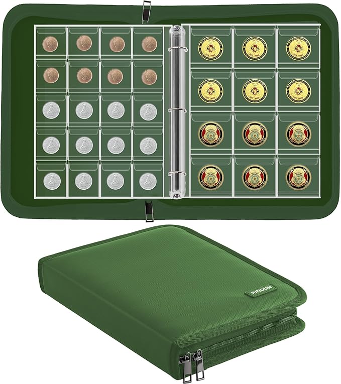 Coin Collection Book for Collector,260 Pockets Fireproof Coin Collection Holder Album,Coin Collection Organizer Storage Box Case Album for 20/25/ 27/30/ 38mm Coins,Green
