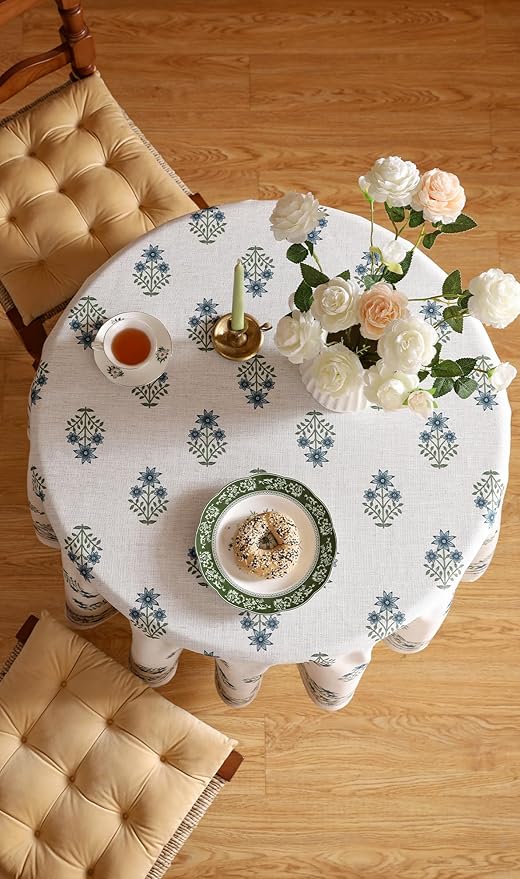 ISAENNE Designer White Linen Round Tablecloth,Chinoiserie Floral Elegant Indoor Table Cloth,Fall Stain Proof Decor Tablecloths for Dining Thanksgiving Kitchen,Diameter 67"-Mosella F