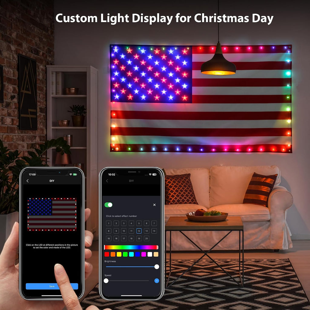 smart lighted american flag 3x5 ft, app control, front angle view
