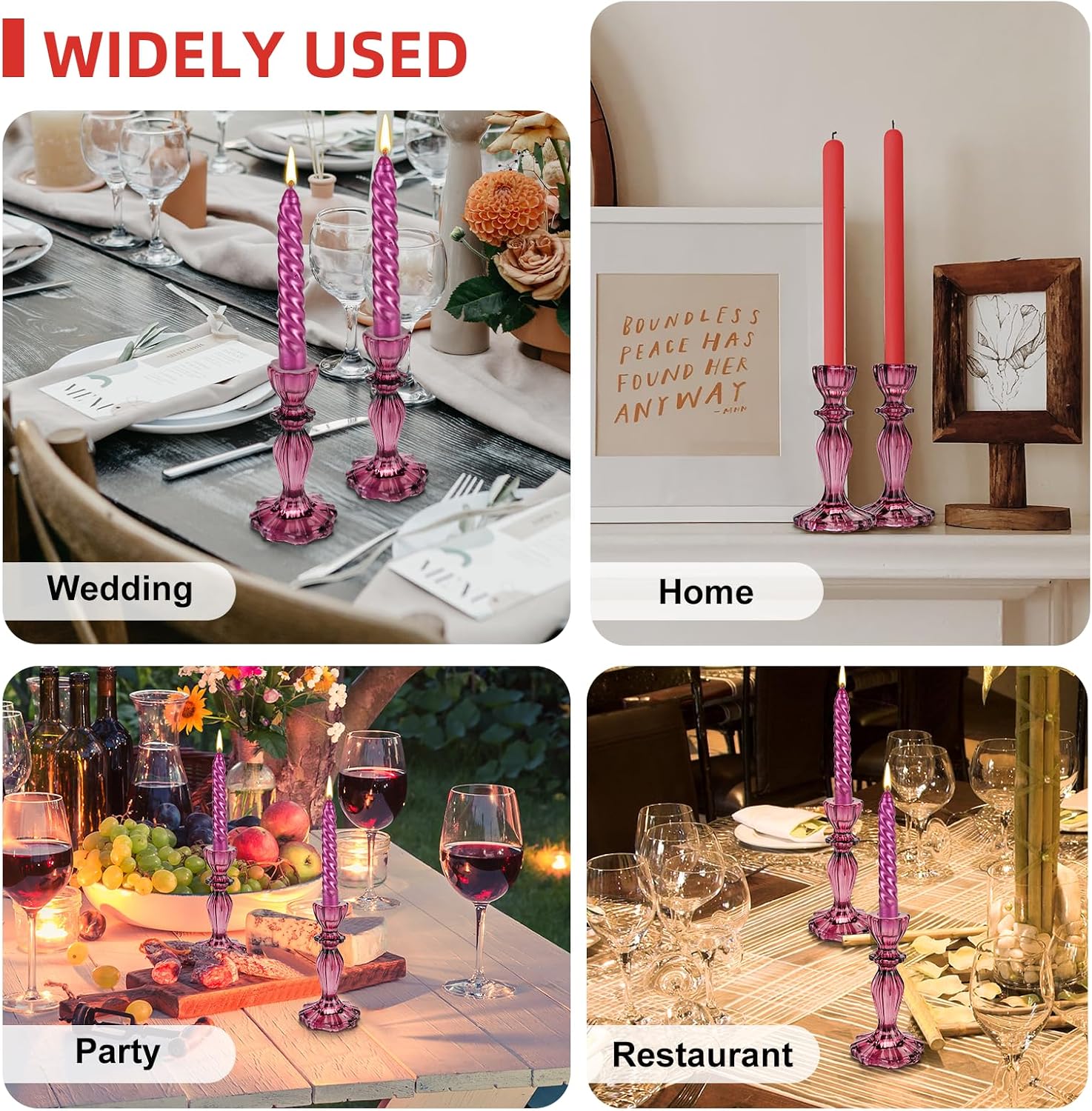 Glass Candle Holders, 2PCS Wide Base Candlestick Holder Decorative Candle Stand Table Centerpieces for Halloween Christmas Wedding Birthday Party, Dark Purple