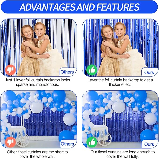 Crosize 2 Pack 3.3 x 9.9 ft Dark Blue Foil Fringe Curtains Party Decorations, Blue Tinsel Curtain Backdrop for Parties, Door Streamers, Glitter Streamer Fringe Backdrop for Birthday Decoration