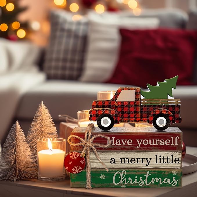 4 Pcs Christmas Table Decor Winter Table Decorations Christmas Tiered Tray Decor Decorative Truck Book Decorations Indoor Rustic Wooden Snowflake Block Sign Gift Farmhouse for Home Shelf