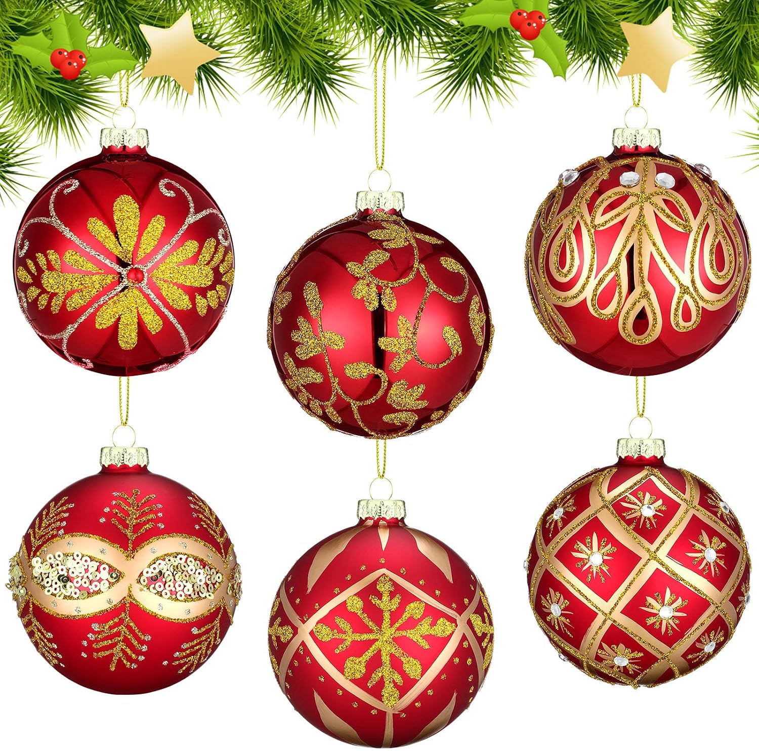GlikCeil 6 Pcs 3.15 Inch Glass Luxury Christmas Ball Red and Gold Ball Ornaments Glass Christmas Tree Decorations Luxury Hanging Ornaments for Xmas Tree Party Holiday Decor