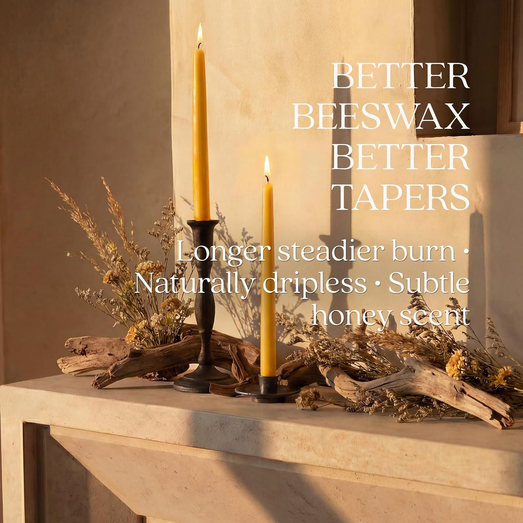 Bluecorn Beeswax Taper Candles, 100% Pure Natural Bees Wax, Pair of 12 Inch Yellow Tapered Candlesticks, Clean Burning & Dripless, Fragrance Free, Long Lasting, Home Decor, American Made, 8 Pack