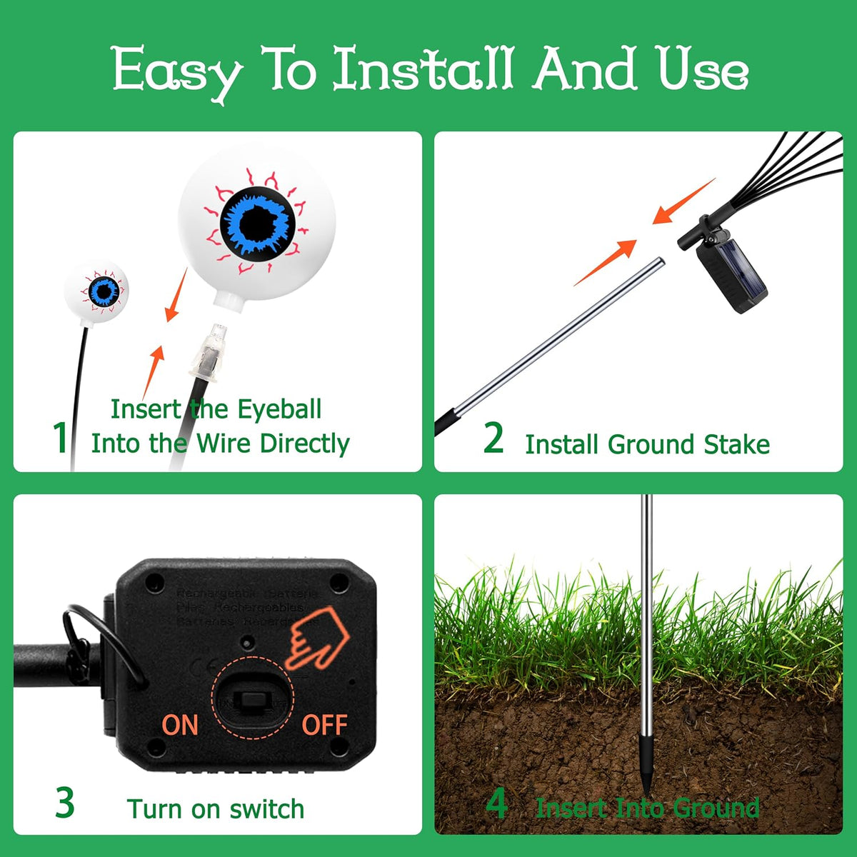 Kohlrabi Halloween Decorations Outdoor, 4 Pack 24 LED Solar Scary Eyeball Swa...