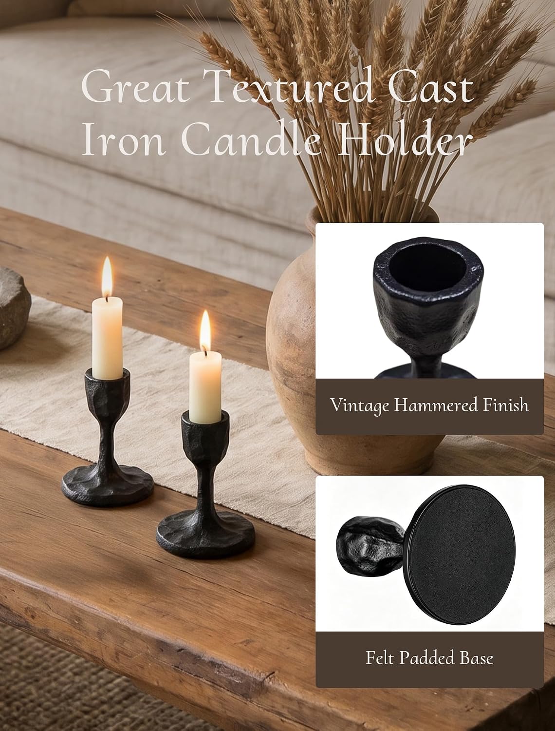 Black Candlestick Holders Antique: Cast Iron Taper Candle Holder Handcrafted Vintage Candle Sticks Holder Rustic Decor for Dinning Table Mantel Home Party Halloween Set of 2
