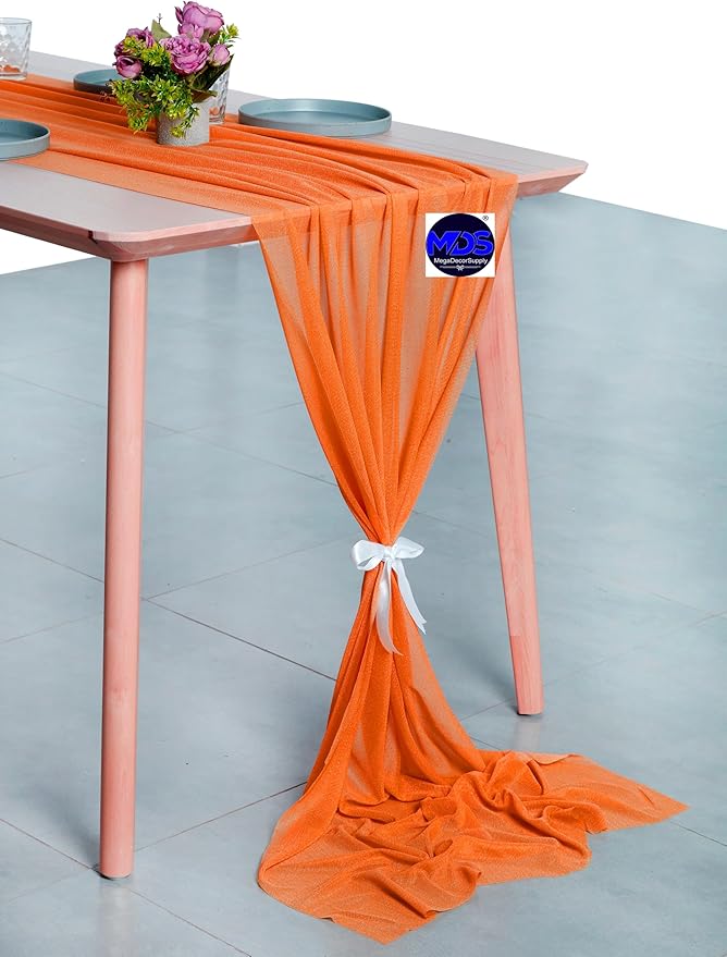 MDS 2 Pack 10ft Chiffon Table Runner 29 x 120 Inches Sheer Wedding Runner Romantic Rustic Table Runner for Wedding Decorations, Birthday Parties, Bridal Shower Party Arch Decor - Orange