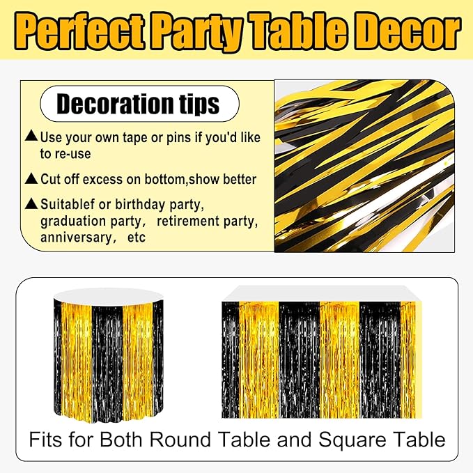 3 Pack 29x108 Inch Black Gold Foil Fringe Table Skirts Metallic Banner for Tinsel Streamer Garland Backdrop for Parade Floats Wedding Thanksgiving Birthday Christmas Halloween Party Decoration