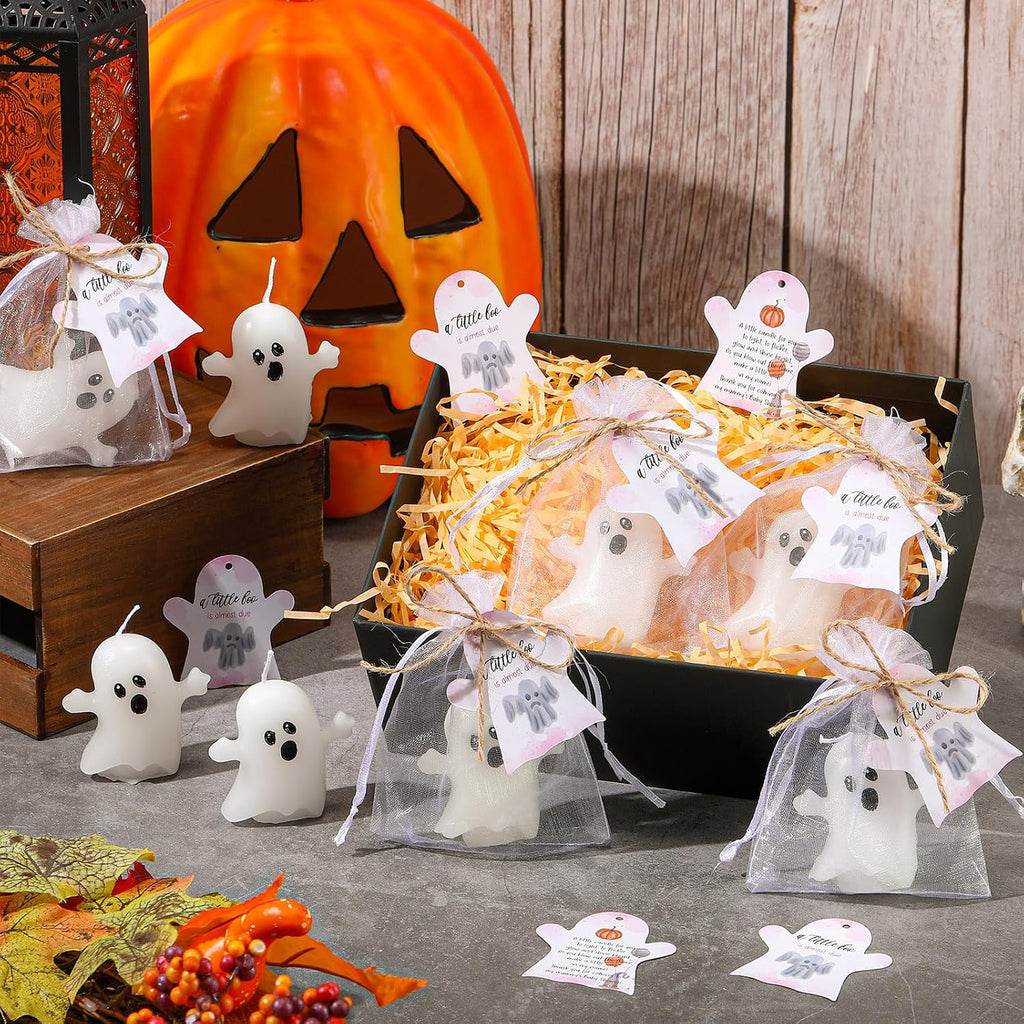 MTLEE 50 Sets Halloween a Little Boo is Almost Du Baby Shower Favors Cute Ghost Candles Unscented with Mini Ghost Thank You Cards Bags for Halloween Boo Gender Reveal Party Supplies (Pink)