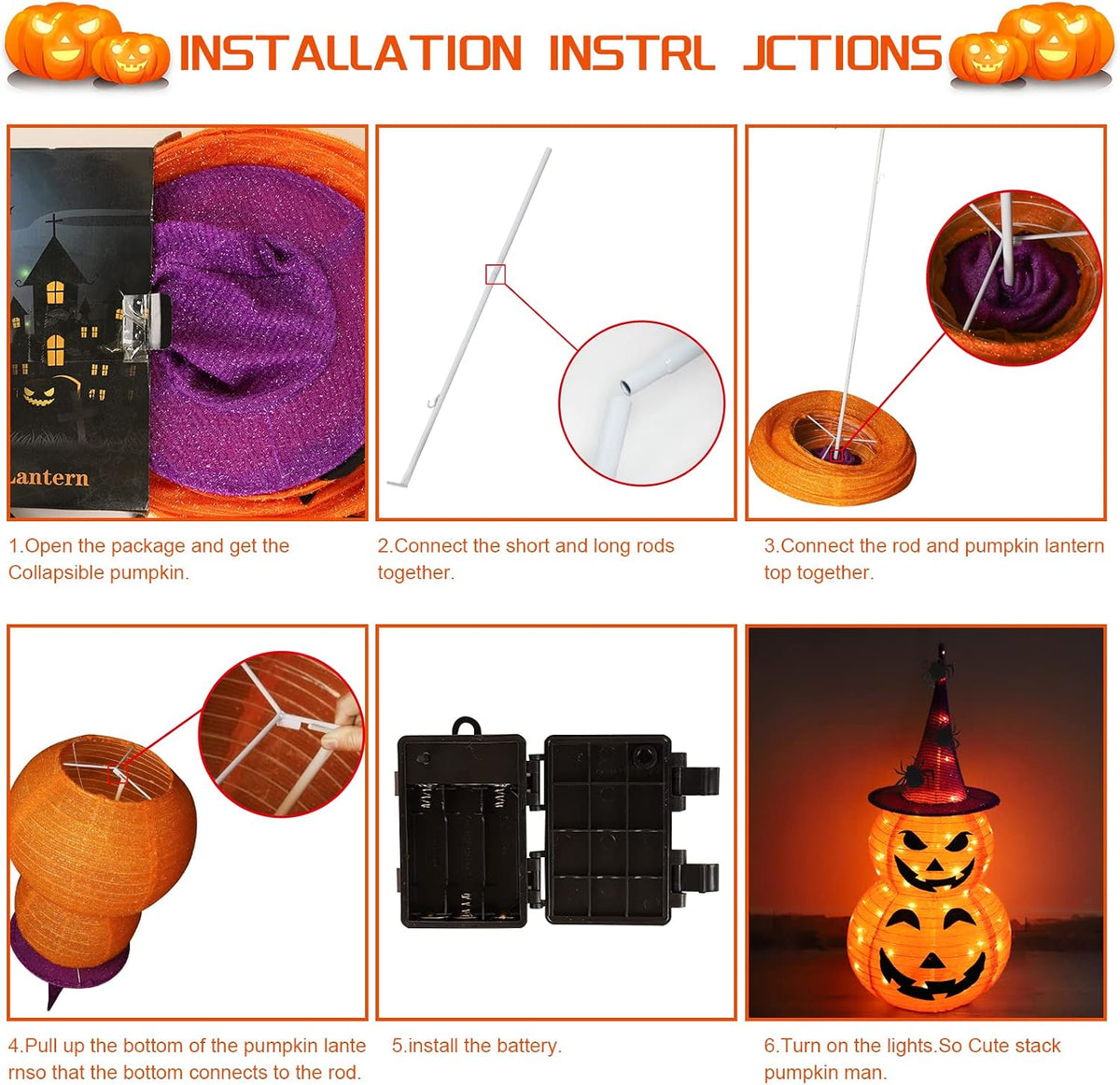 Collapsible Light up Pumpkin Halloween Decorations Outdoor, 3FT Plastic Pre-l...