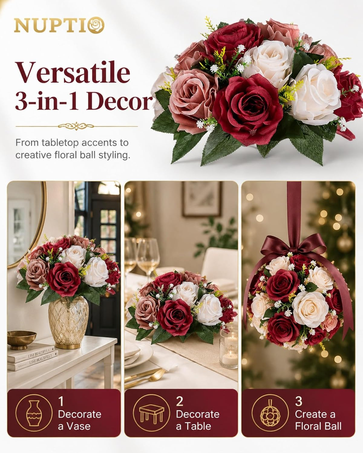 Nuptio Artificial Flower Centrepieces for Tables - 6 Pcs Burgundy & Dusty...