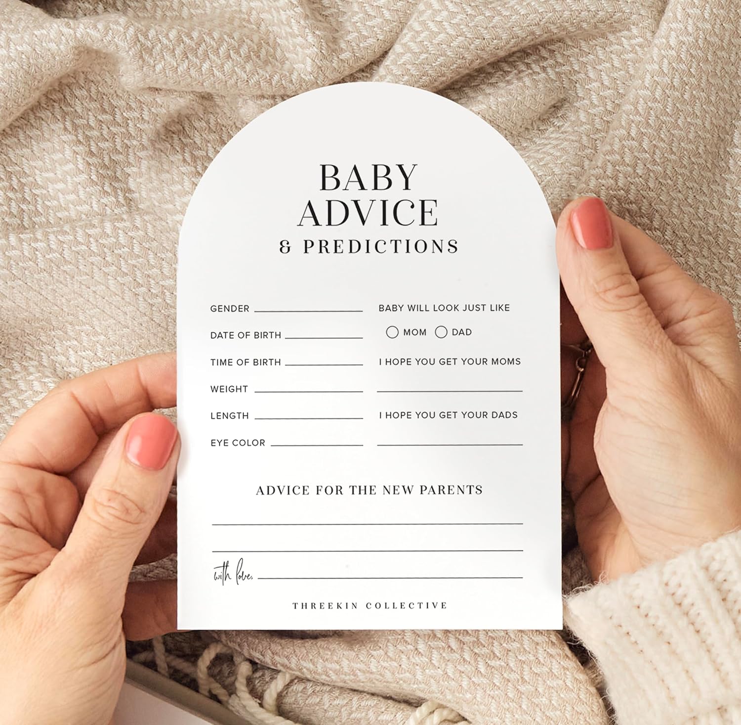 ThreeKin Collective Baby Shower Games Cards - 50 Baby Predictions and Advice Cards | 5x7 Inch Tall | Fun Gender Reveal Games for Boys & Girls | Perfect Baby Shower Game Set, US Owned Business