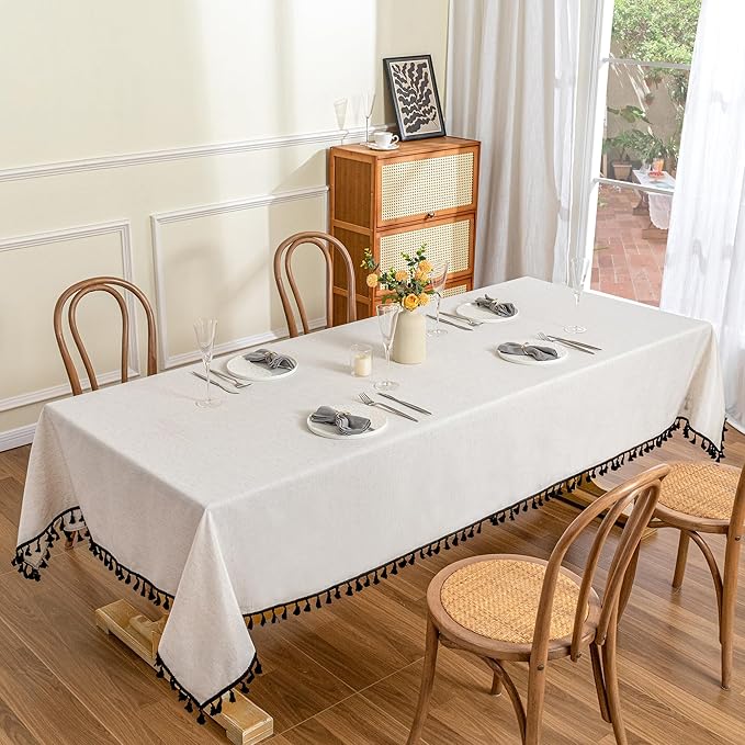 MYSKY HOME Table Cloth 60x120 in Rectangle, Heavy Duty Cotton Tassel Linen Look Waterproof Tablecloths Farmhouse Tablecloth, Wrinkle Free Table Cover with Black Tassels for Kitchen Dining, Party