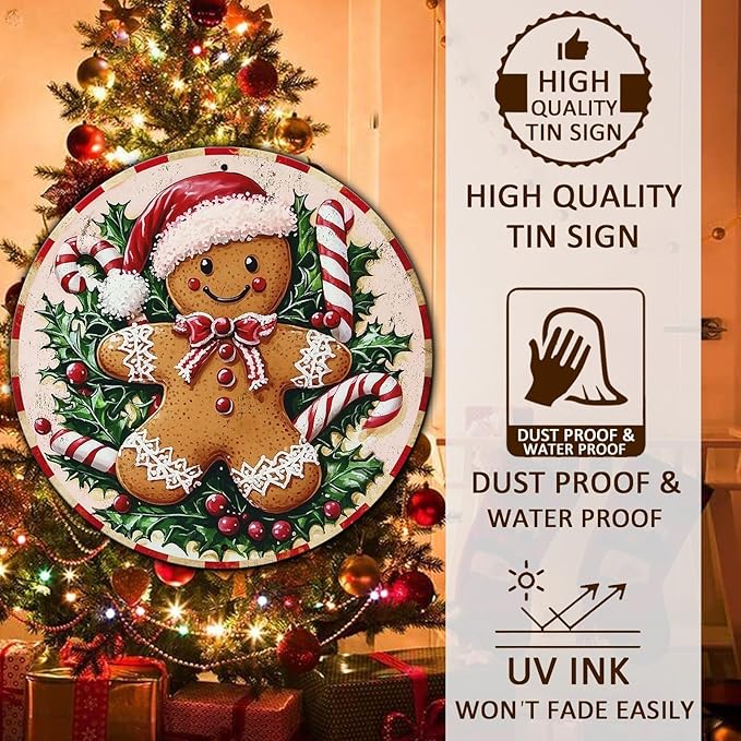 Round Christmas Metal Tin Sign Rustic Wall Decor Gingerbread Man Vintage Tin Sign Candy Canes Christmas Tin Sign for Home Garden Kitchen Bar Cafe Restaurant Garage Wall Decor 8 * 8 in