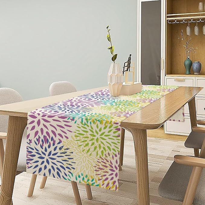 Purple Flowers Table Runner, Chrysanthemum Dahlia Vintage Modern Colorful Spring Summer Elegant Table Runner for Party Kitchen Dining Living Room Laundry Room Decor, 13x108 Inch