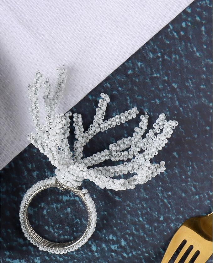 Beaded Napkin Rings Set for Dining Table - Elegant Pearl White Glass Beads with Silver Finish – Perfect for Weddings, Coastal Décor, Parties & Holiday Entertaining (White) - CLEENTABLE