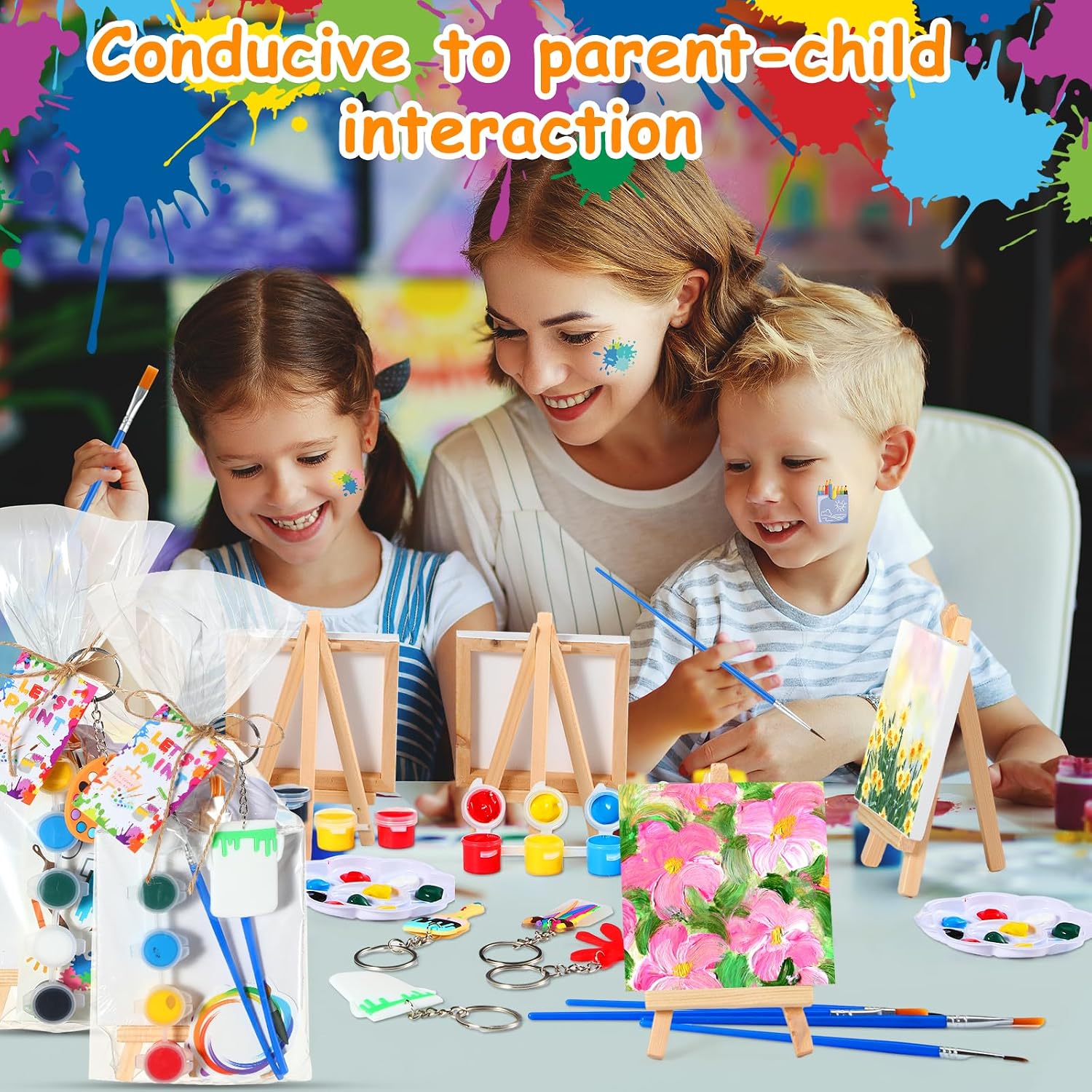 HyDren 8 Sets Art Paint Party Favors for Kids, 4 x 4 Inch Mini Canvas Easel and Watercolor Paint Set Palette Brush Sticker Puffy Sticker Keychains for Adults Summer Vbs Back to School Party Supplies