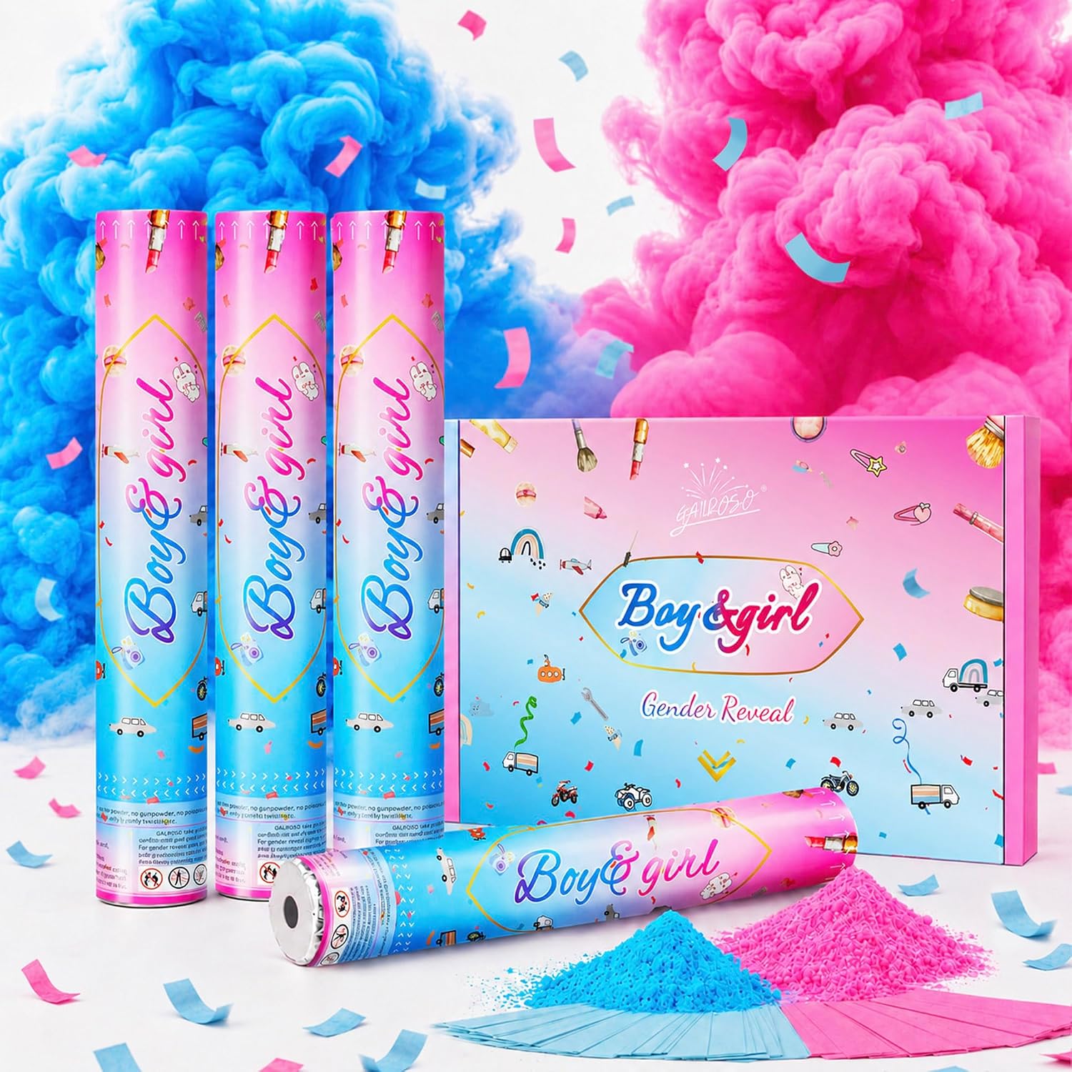 GAILROSO Gender Reveal Confetti Cannon,Corn Powder Party Poppers 4pack | 12 inch 2 blue 2 pink Biodegradable poppers with safety net,shoots 20-25ft,easy use for Baby Shower,Gender Reveal Party