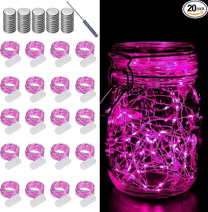 LAMPHOME 20 Pack Fairy Lights Battery Operated String Lights, 20 LED on 6.6FT Silvery Copper Wire, Firefly Fairy String Lights for Wedding Party Mason Jar Christmas Decorations Bedroom Decor(Pink)