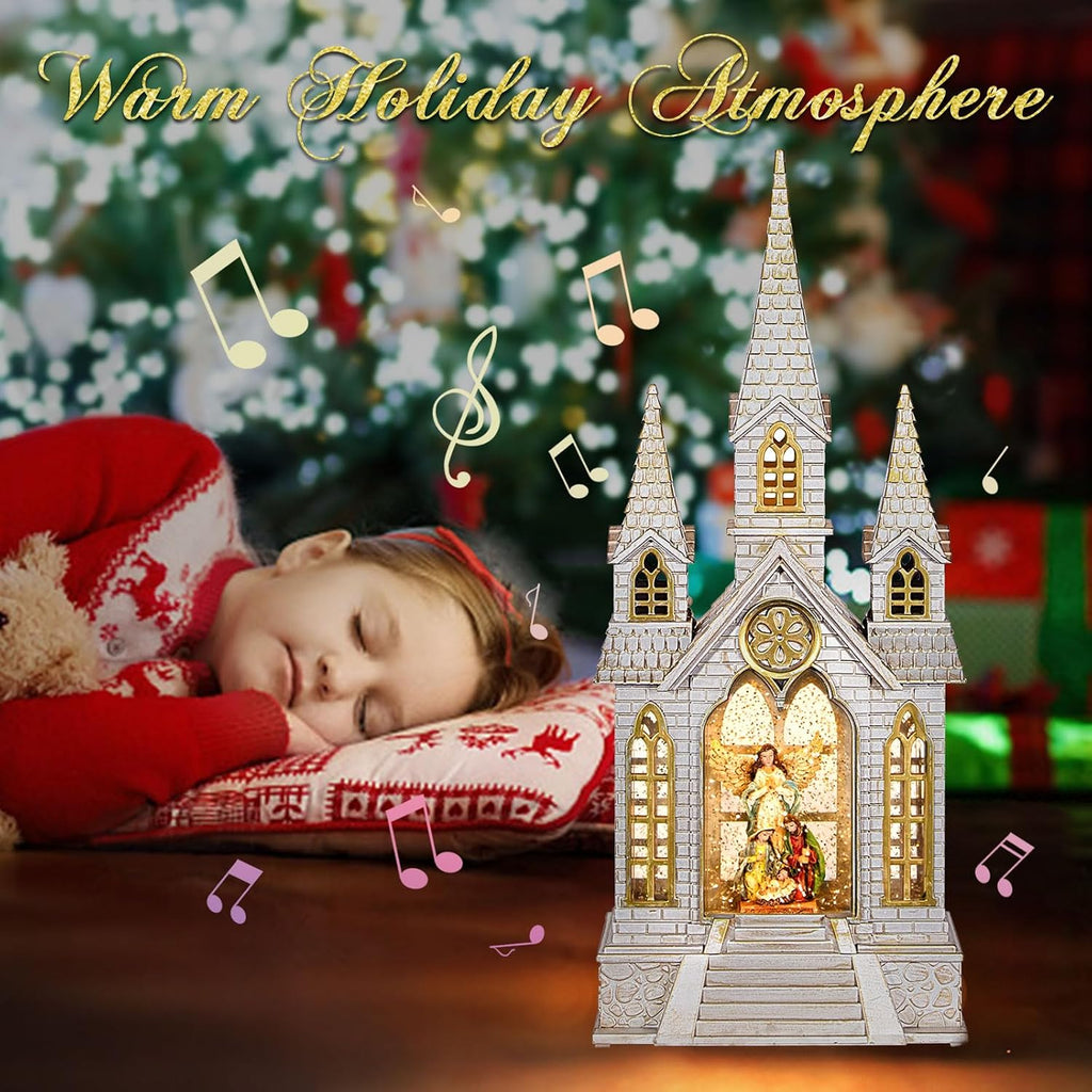 DGSCAK 16" Lighted Musical Church Snow Globe, Nativity Scene Water Lantern with Hand-Painted Holy Family & Angel, Swirling Glitter, 6H Timer, USB or Battery, Christian Christmas Decor