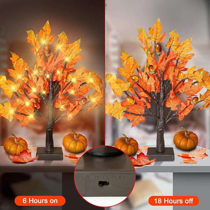 18 Inch Fall Lighted Maple Tree with 36 LEDs, 6 Acorns, Timer Battery Operated Tabletop Artificial Tree for Autumn Thanksgiving Halloween Christmas Harvest Indoor Decorations