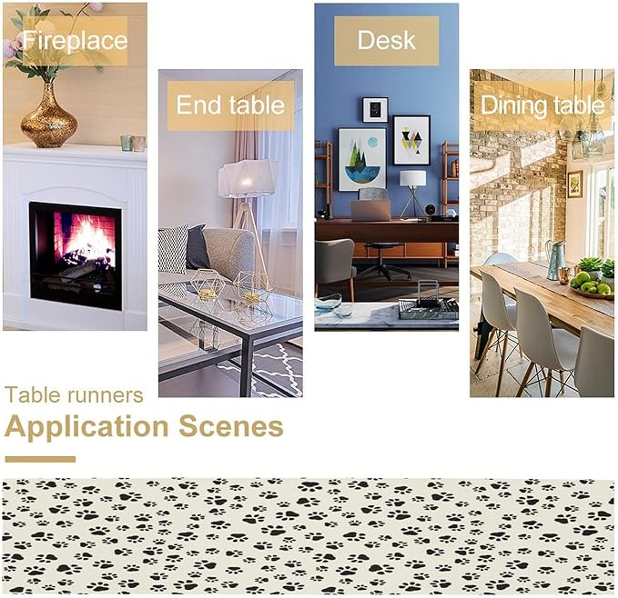 Dog Paws Table Runner,Cartoon Cute Black White Animal Footprints Abstract Tablecloth Burlap for Hotel Indoors Outdoor Dining Room Kitchen Home Decor,W13X L60 in