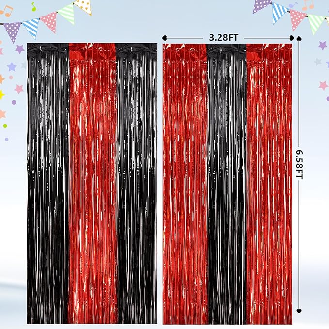 2 Pack Black and Red Foil Fringe Curtains Party Decorations, Tinsel Curtain Backdrop Streamers for Birthday Graduation Fiesta Stranger Theme Halloween Christmas Party Decors Supplies Door Streamers