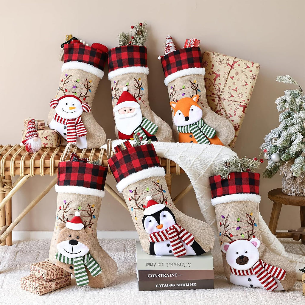 ELEGANTPARK Burlap Christmas Stocking 4 Pack, Buffalo Plaid Cuff 20 Inch | Large Xmas stockings with 3D Santa reindeer snowman bear for family kids, fireplace mantel hanging Christmas decor