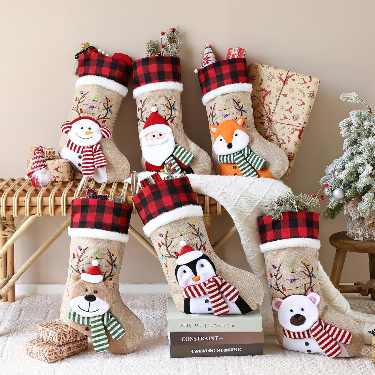 ELEGANTPARK Burlap Christmas Stocking 4 Pack, Buffalo Plaid Cuff 20 Inch | Large Xmas stockings with 3D Santa reindeer snowman bear for family kids, fireplace mantel hanging Christmas decor