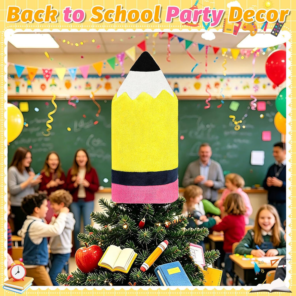 Pencil Back to School Tree Topper, 9inch Tall Velvet Pencil Tree Topper Decor for Party Home Office Classroom Student Teacher Indoor/Outdoor Tree Top Decoration Gifts