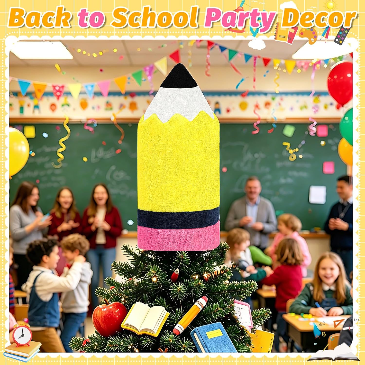 Pencil Back to School Tree Topper, 9inch Tall Velvet Pencil Tree Topper Decor for Party Home Office Classroom Student Teacher Indoor/Outdoor Tree Top Decoration Gifts