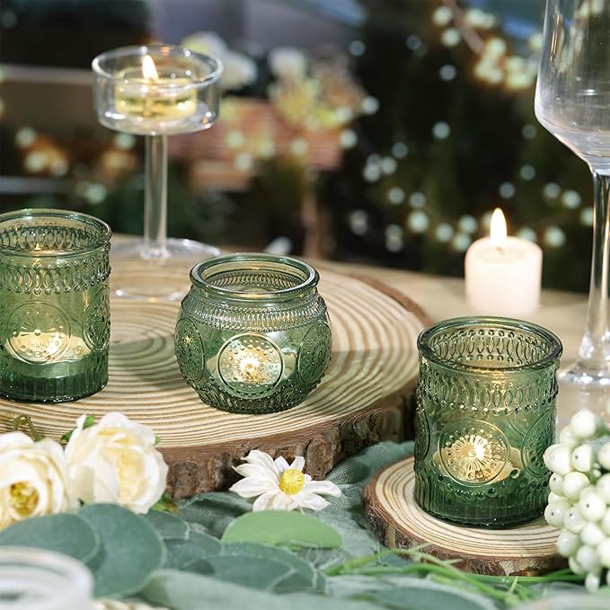 DARJEN 12Pcs Green Votive Candle Holders - Glass Tea Light Candle Holder for Wedding Shower, Candle Holder Bulks for Wedding & Home Table Decor, Vintage Parties Gifts