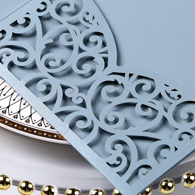 PONATIA 5.12 x 7.2 Dusty Blue Laser Cut Invitation Pocket, 20PCS Tri-Fold 5 x 7 Laser Cut Wedding Invitation Pockets with Envelopes for Wedding Bbay Shower Birthday Sweet 16 Invite (No Inner Sheet)
