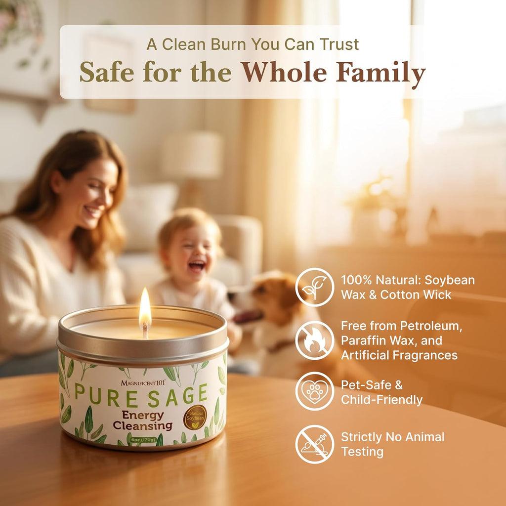 Magnificent 101 Long Lasting Pure Sage Candle - 6 Oz - 35 Hour Burn Time - Organic, All Natural, Soy Wax Candle for Energy Cleansing & Calm, Soothe - Spiritual