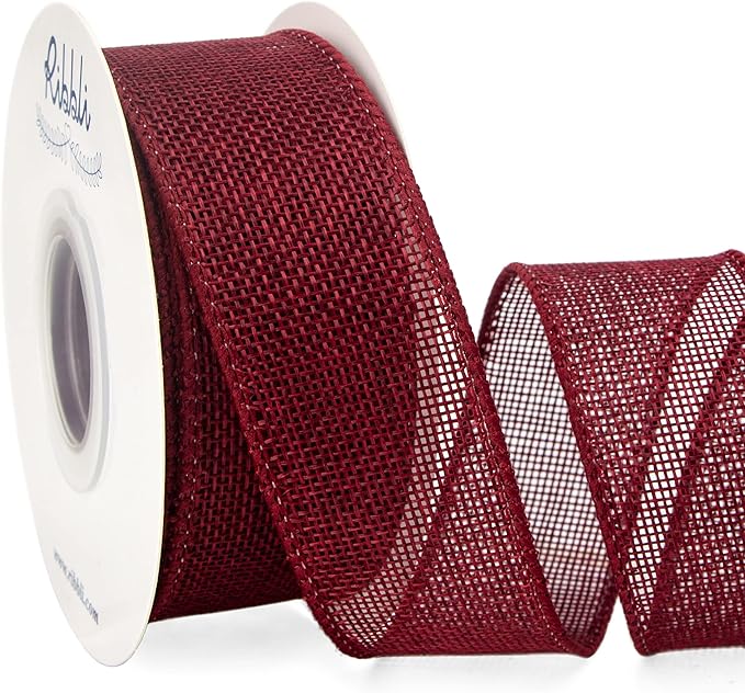 Ribbli Burgundy Burlap Wired Ribbon,1-1/2 Inch x 10 Yard, Wired Edge Ribbon for Big Bow,Wreath,Tree Decoration,Outdoor Decoration