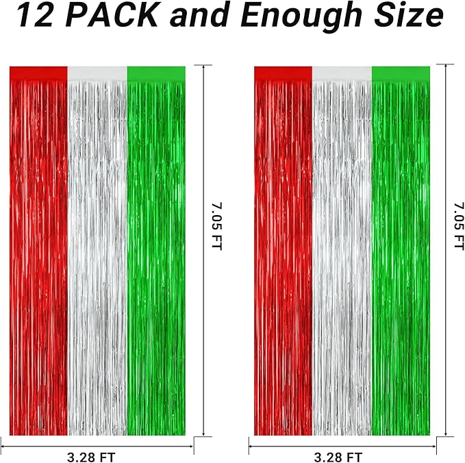 12 Pack Christmas Party Backdrop, 3.28 FT x 7.05 FT Red Silver Green Foil Streamer, Metallic Fringe Curtains Tinsel Streamer, Hanging Christmas Decorations Picture Props Door Decor