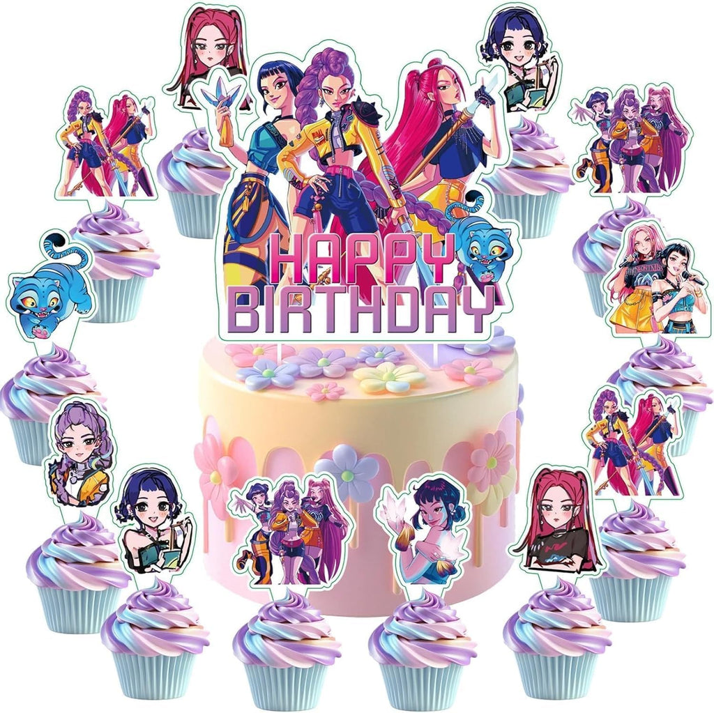 25Pcs Demon Movie Hunters Cake Decorations with 24pcs Cupcake Toppers, 1pcs Happy Birthday Cake Topper, Cartoon Themed Party Supplies, Perfect for Birthday Party Decorations
