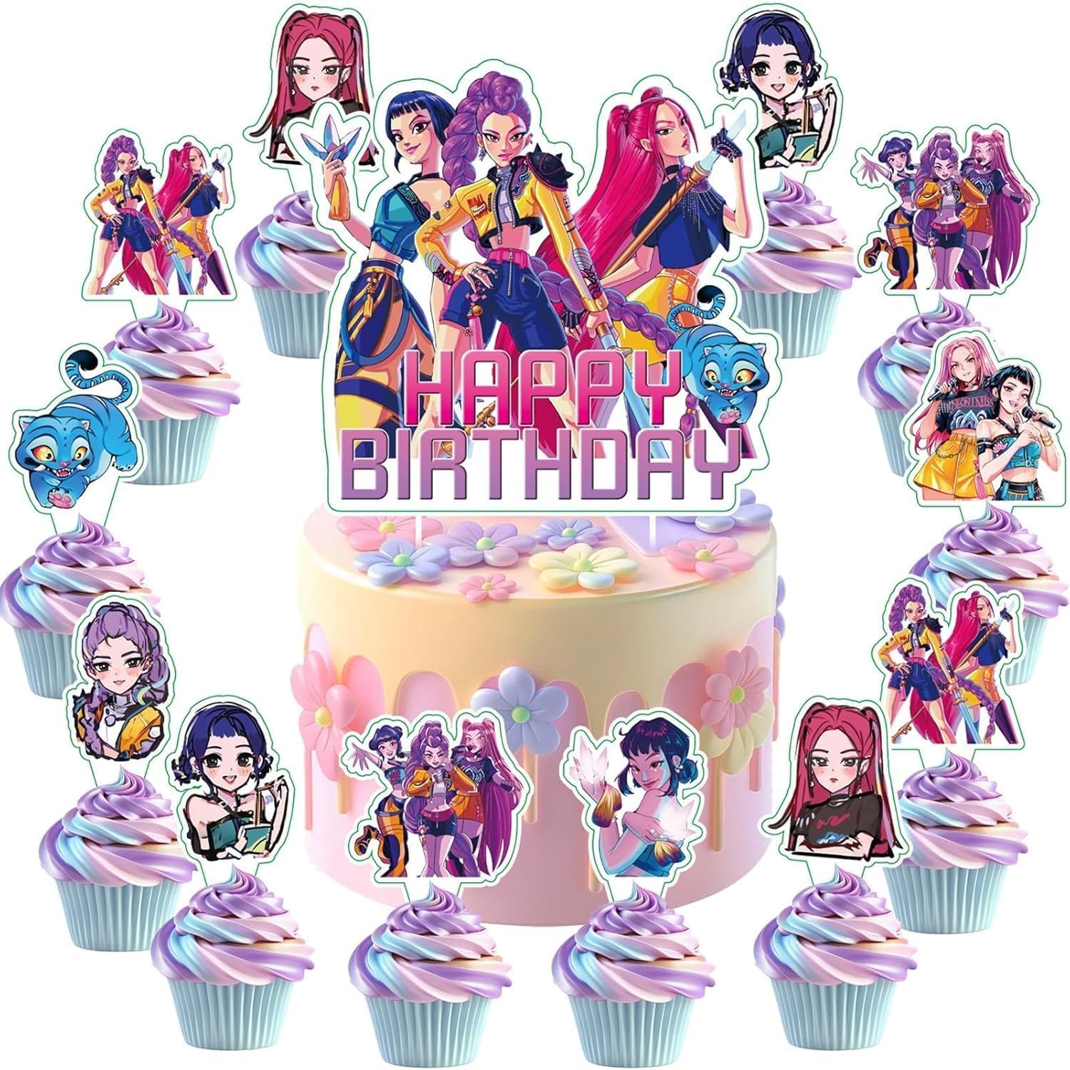 25Pcs Demon Movie Hunters Cake Decorations with 24pcs Cupcake Toppers, 1pcs Happy Birthday Cake Topper, Cartoon Themed Party Supplies, Perfect for Birthday Party Decorations