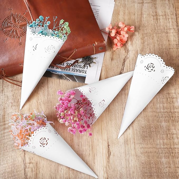 GWHOLE 100 Pcs Rose Confetti Petal Cone for Wedding Party, White